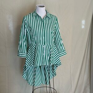 Cato Green & White Striped Blouse peplum train button-front lrge high-low cotton